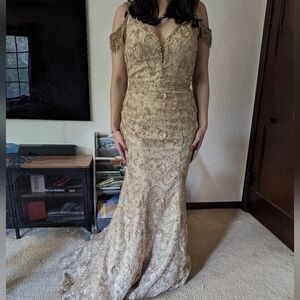 Clarisse Designs Dress In Gold Beaded Off the Shoulder Embroidered Gown Sz 8